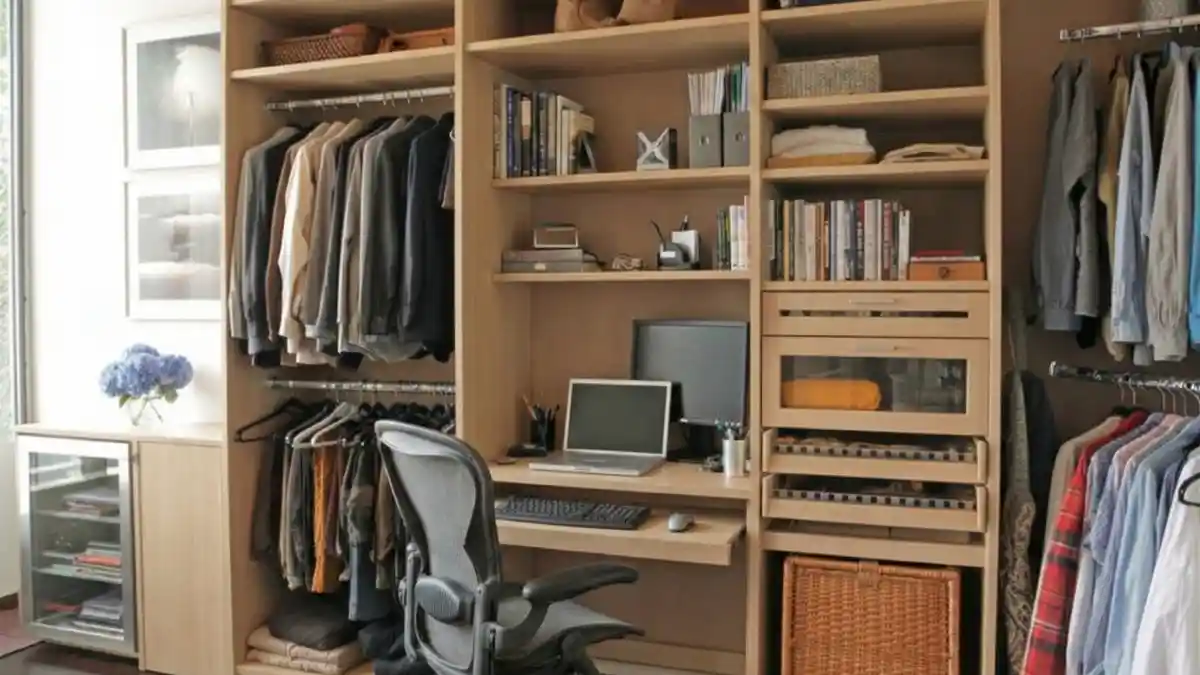 Sleek Maple & Glass Organization – Merging Wardrobe and Workspace Storage Seamlessly