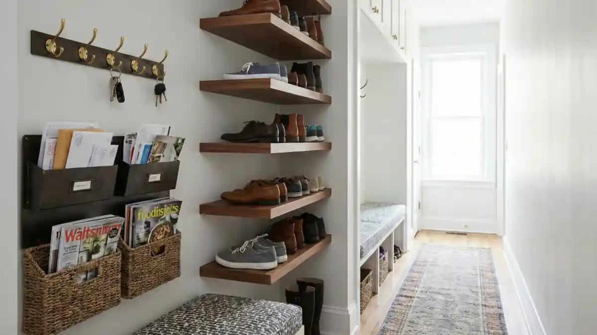 Sleek Walnut and Brass Vertical Corridor – Maximizing Every Inch of Wall Space