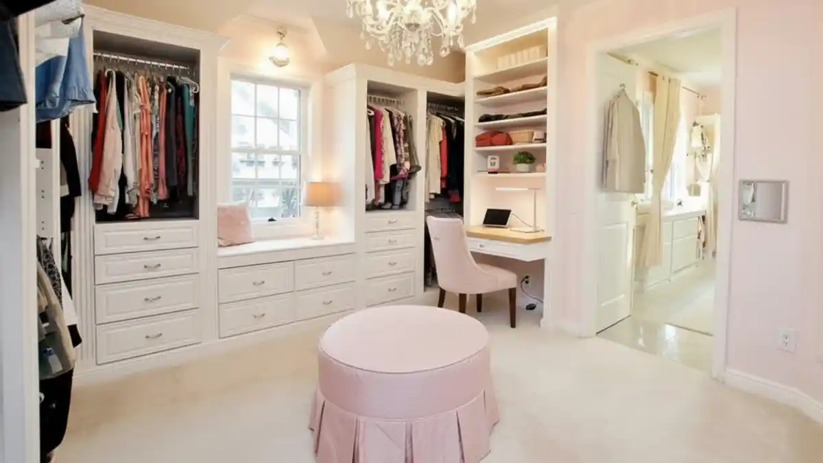 Soft Blush & Crystal Luxury Walk-In – A Spacious Canvas for the Ultimate Cloffice Retreat