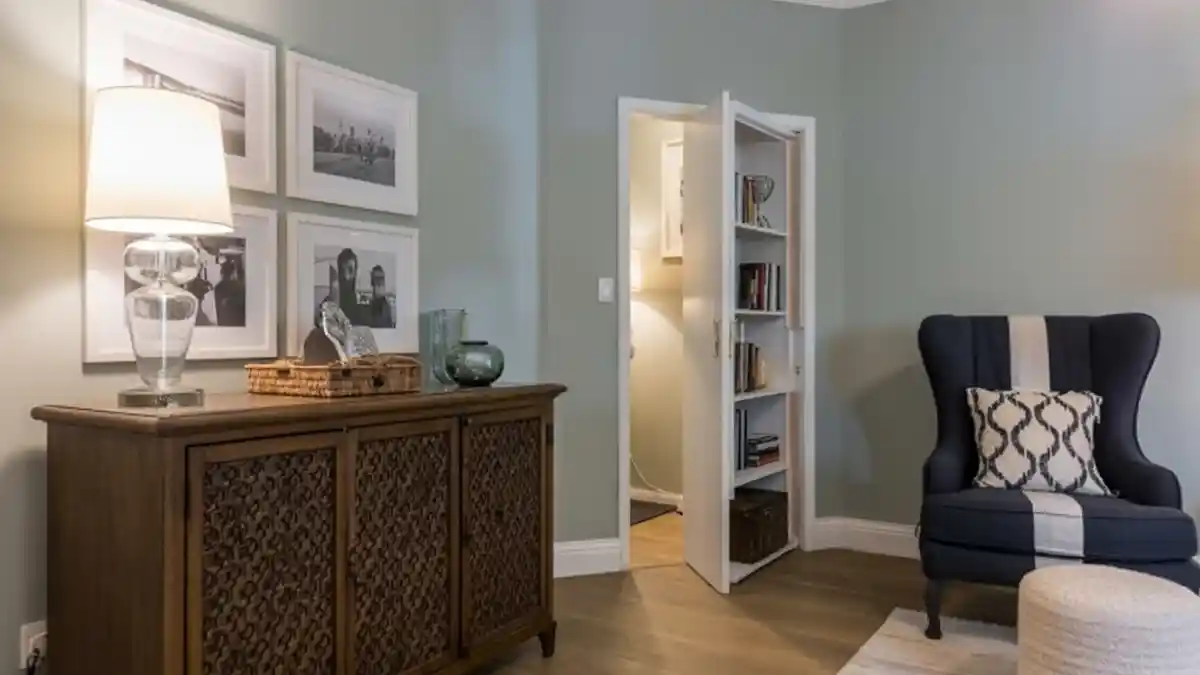 Soft Sage Transitional Lounge – A Secret Bookcase Passage for Modern Mystery