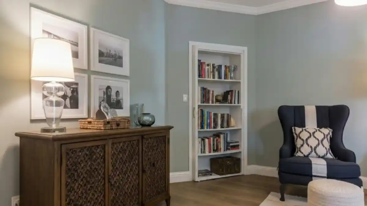 Soft Sage Transitional Lounge – A Secret Bookcase Passage for Modern Mystery