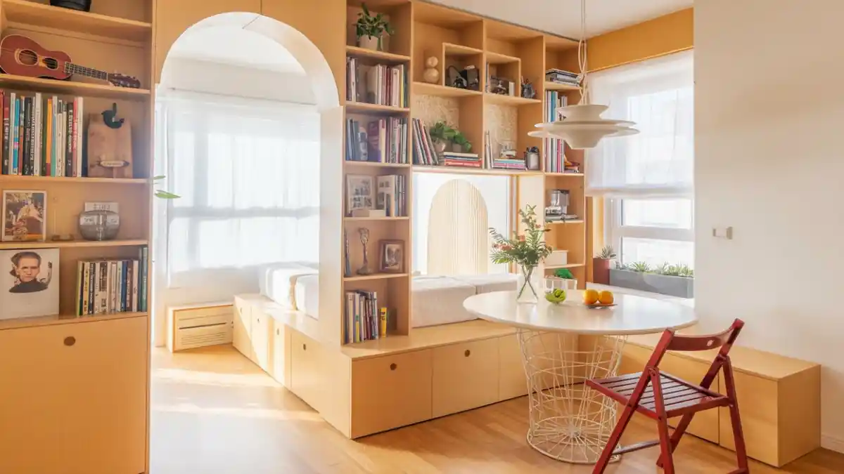 Sun-Drenched Maple Archway Divider - Carving Out Cozy Sleep Nooks in Open Layouts