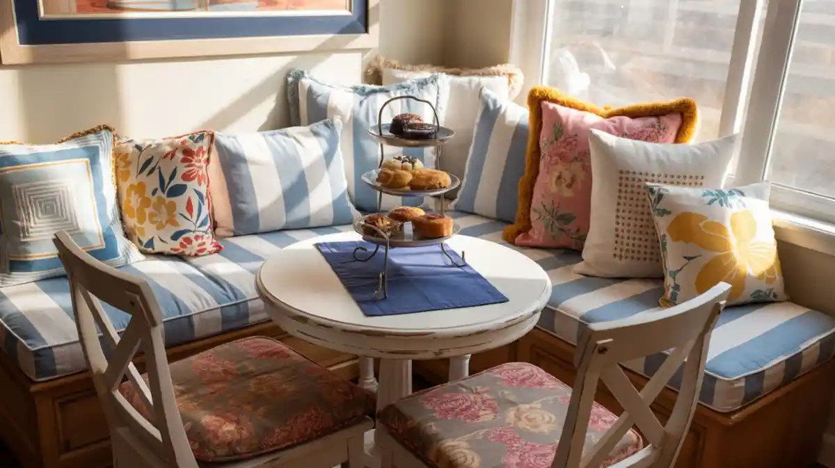 Sunny Stripes and Citrus Cottage Banquette - Maximizing Corners with Playful Pattern Mixing