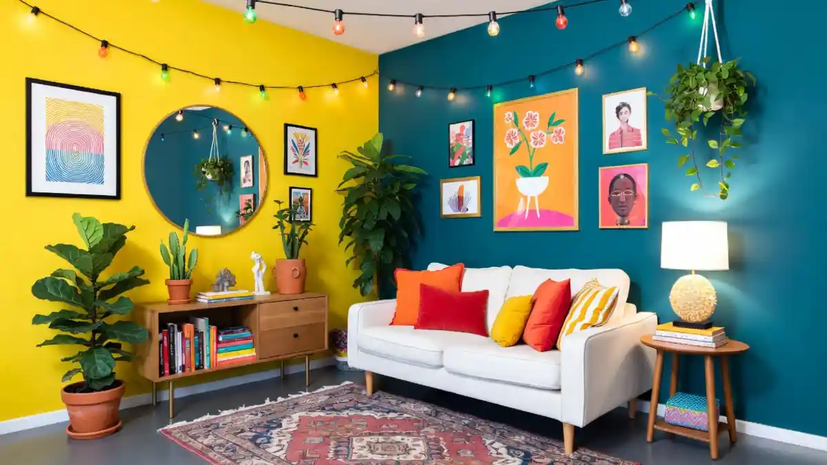 Sunshine Yellow and Peacock Teal Living Room – A Color-Blocked Dopamine Refuge