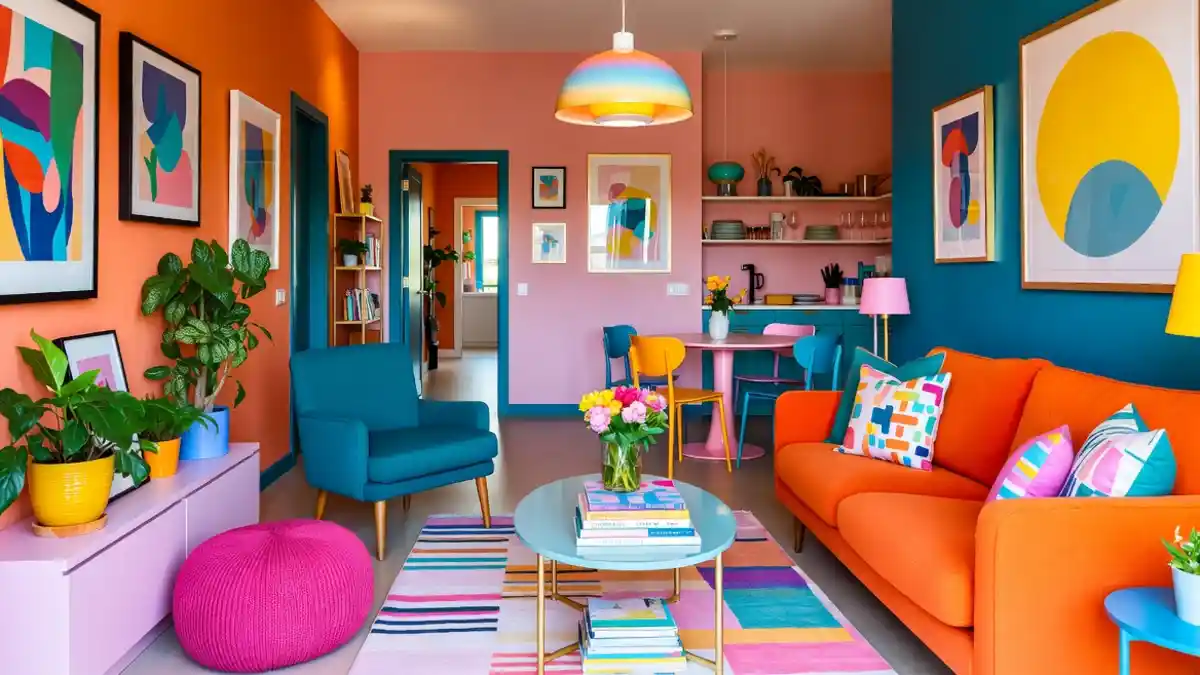 Tangerine and Teal Color-Block Living Room – Define Spaces with High-Voltage Hues