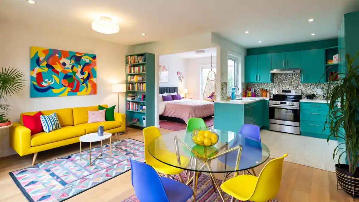 Teal and Sunshine Yellow Open-Plan – Infusing Every Corner with Dopamine-Inducing Hues