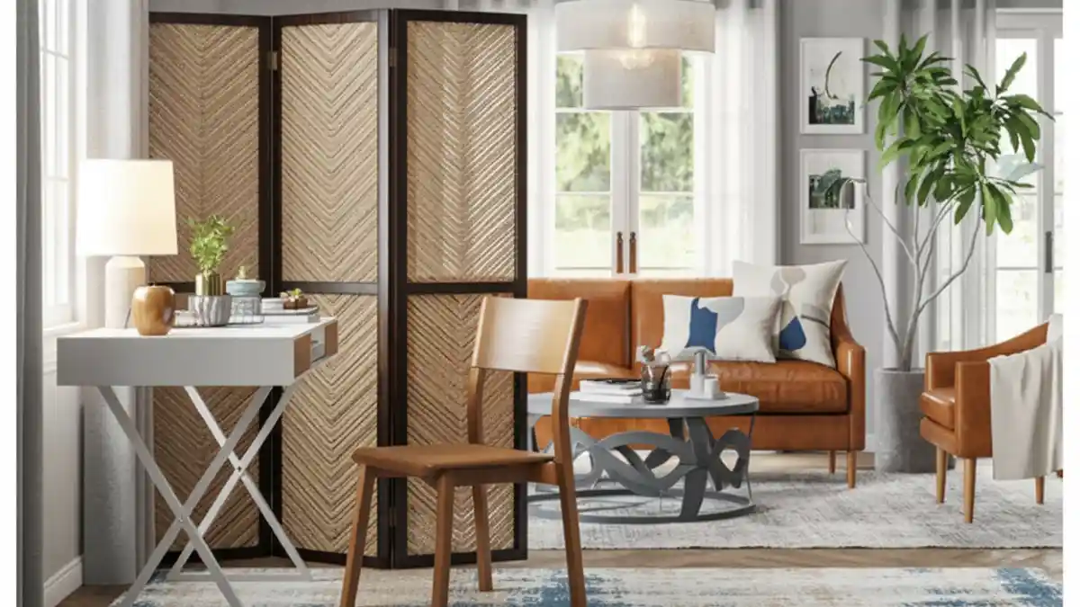 Textured Herringbone and Cognac Leather – Carving Out a WFH Nook with a Folding Screen