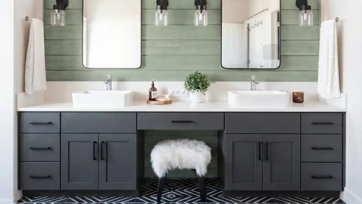 Warm Driftwood & Geometric Drama Bathroom - A Natural Reset for Dated Oak