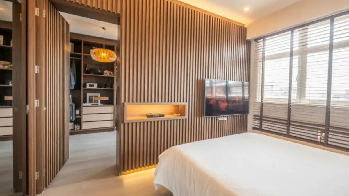 Warm Oak Fluted Wall Bedroom – A Secret Walk-In Wardrobe Reveal