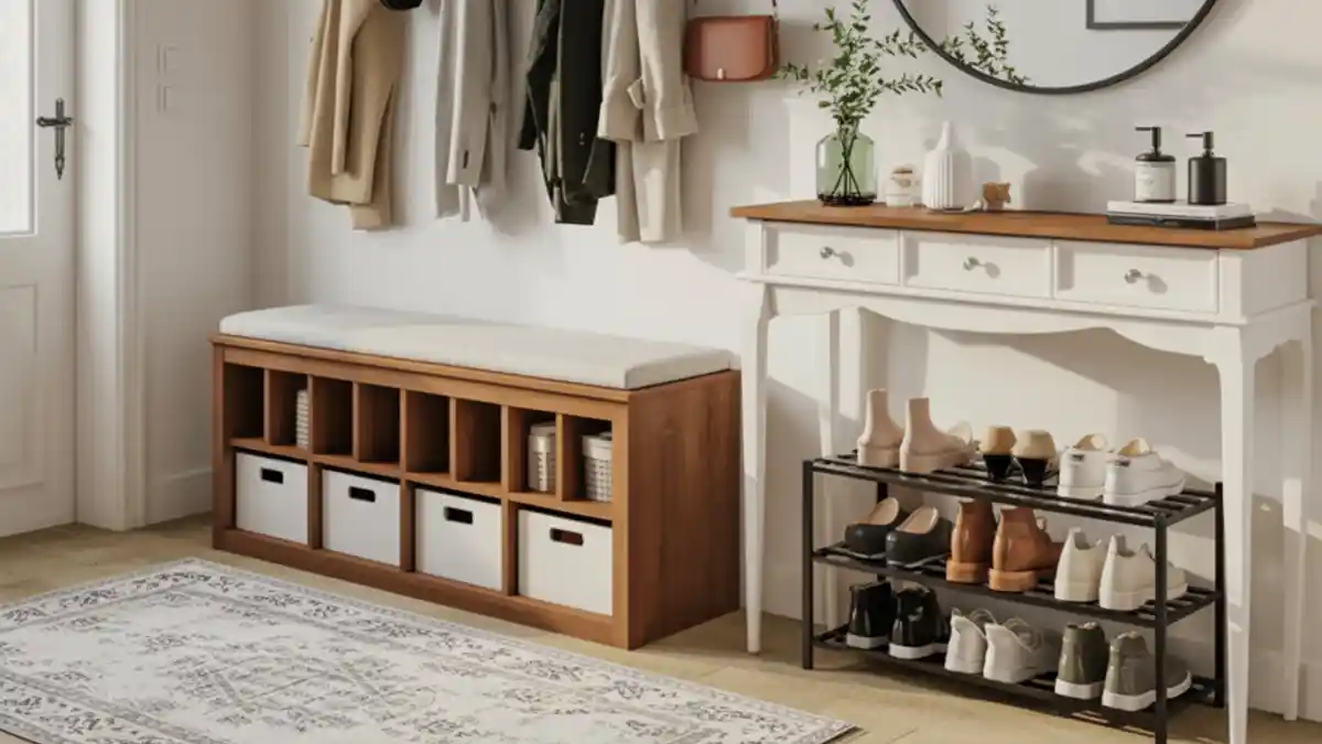Warm Wood and Crisp White Entryway – Maximizing Vertical Storage in Tight Spaces