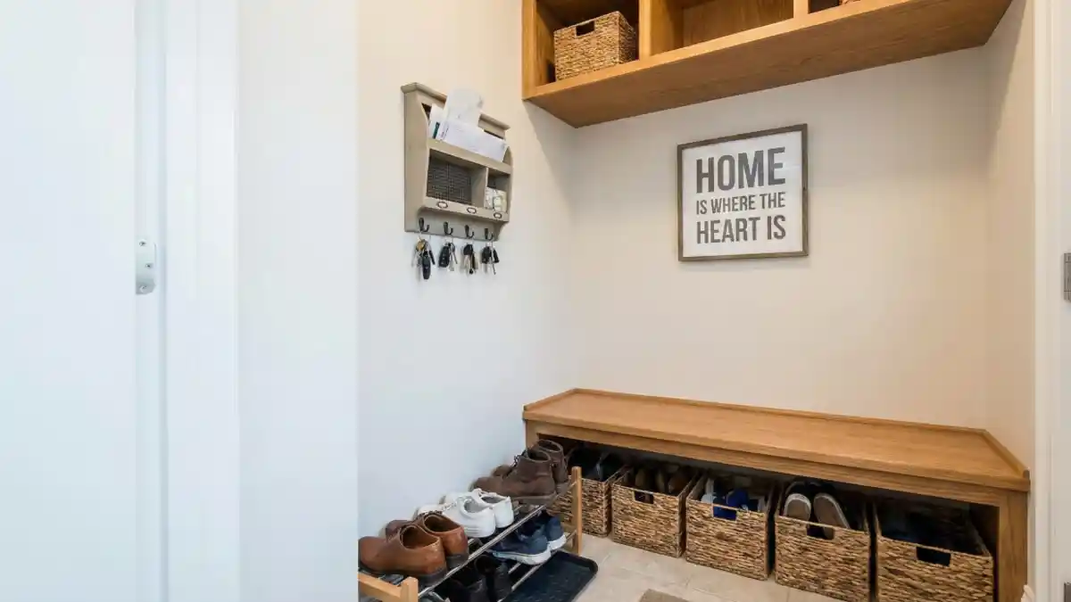 Warm Wood and Wicker Welcome Nook – Streamlined Storage for Tight Spaces