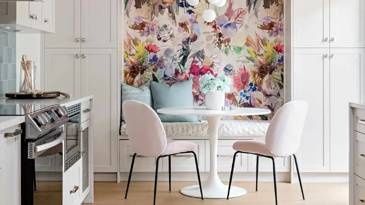 Watercolor Whimsy and Velvet Banquette – An Art-Forward Spin on Kitchen Corners
