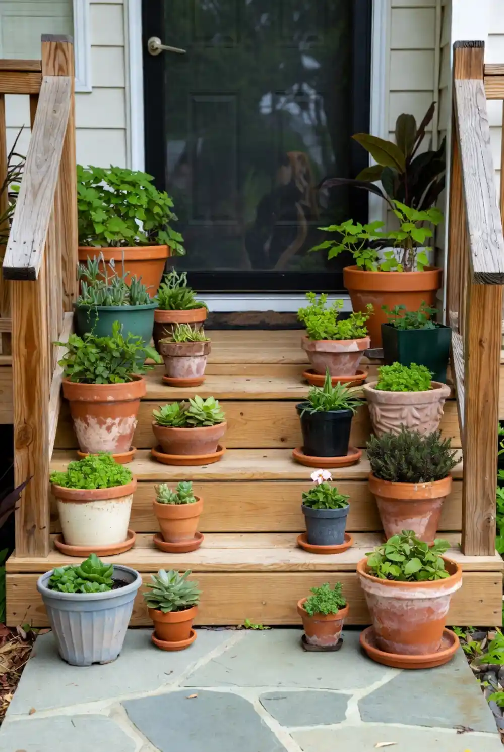 Weathered Clay and Greenery Steps – Eclectic Porch Garden Styling