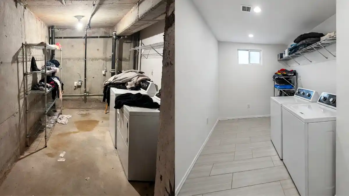 White Minimalist Basement Laundry - Turning Concrete Shadows into a Bright Utility Haven