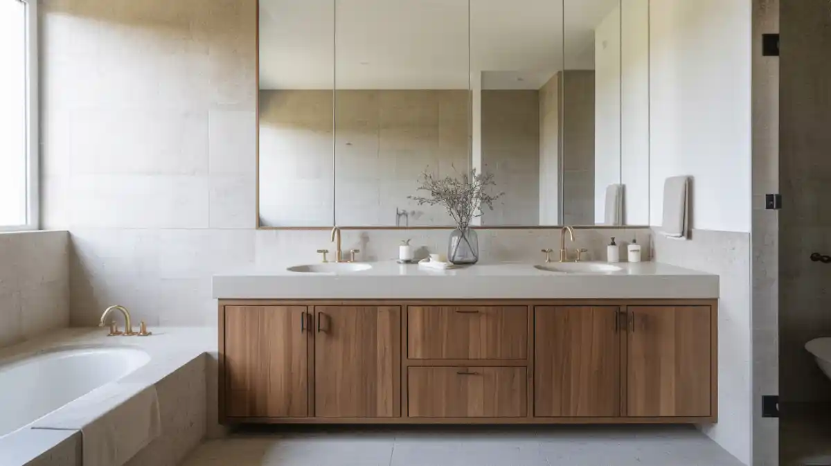 Zen Walnut & Stone Sanctuary – A Textural Approach to Vanity Restoration