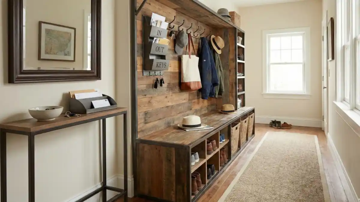 Industrial Reclaimed Wood Hall Tree – A Rugged Approach to Narrow Hallway Order