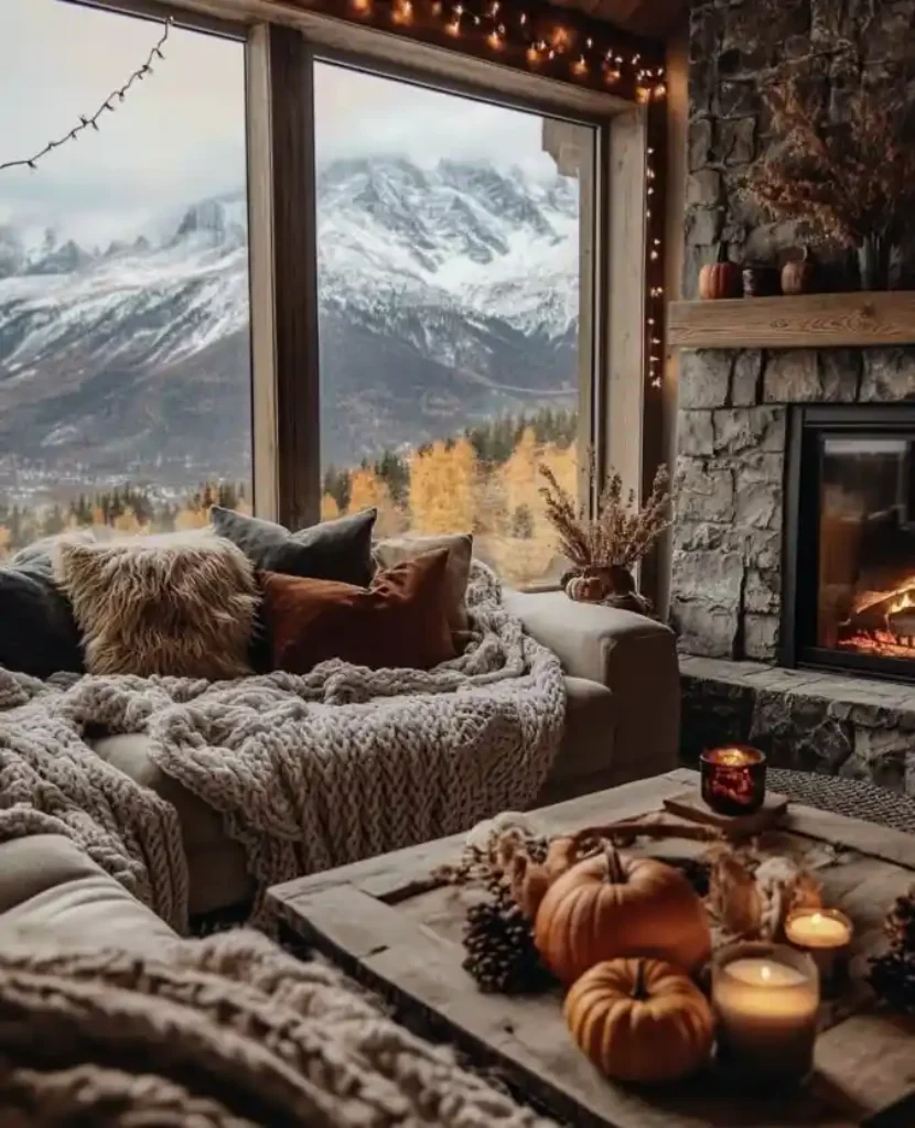 Autumn Stone Hearth Living Room – Rustic Warmth for a Fairytale Escape