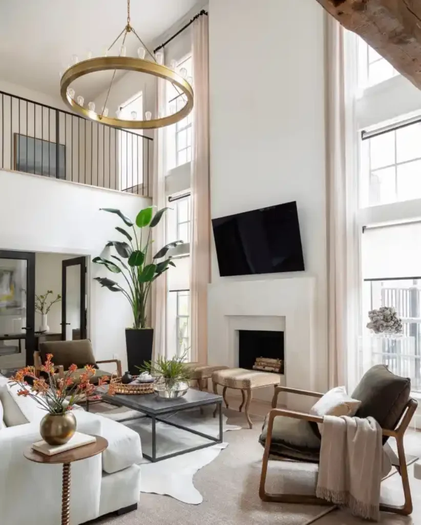 Blush Curtains and Olive Accents Living Room – Mansion Elegance with Airy Heights