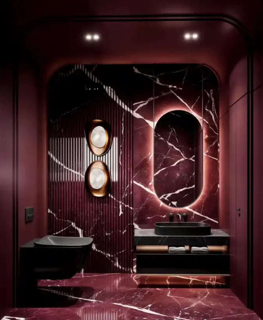 Burgundy Noir Opulence - A Dramatic Red Marble Bathroom Retreat