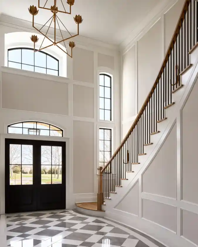 Checkerboard Elegance with Golden Lotus Glow - Grand Mansion Foyer Lighting