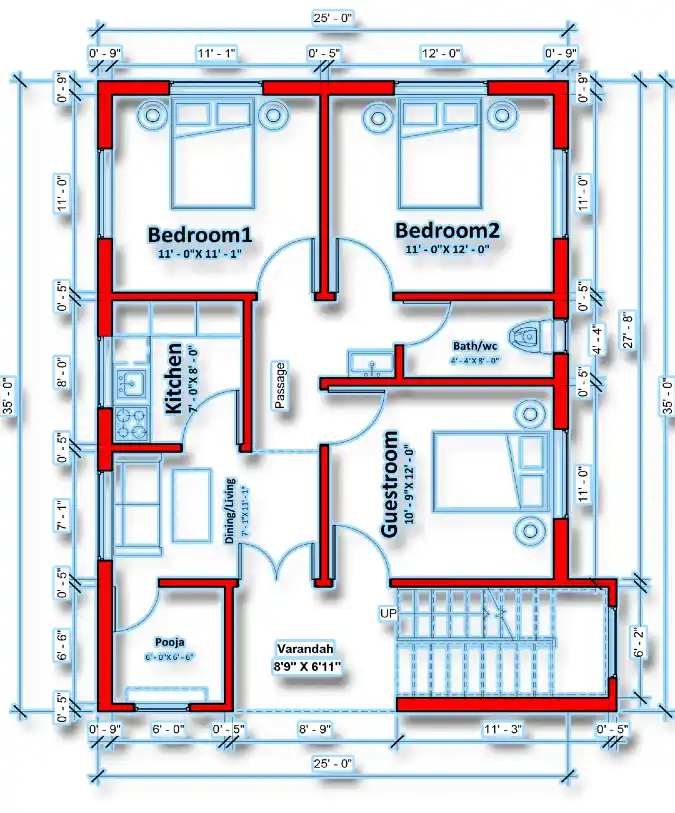 Compact Red-Lined Traditional Haven - A 3-Bedroom Layout Maximizing Every Inch