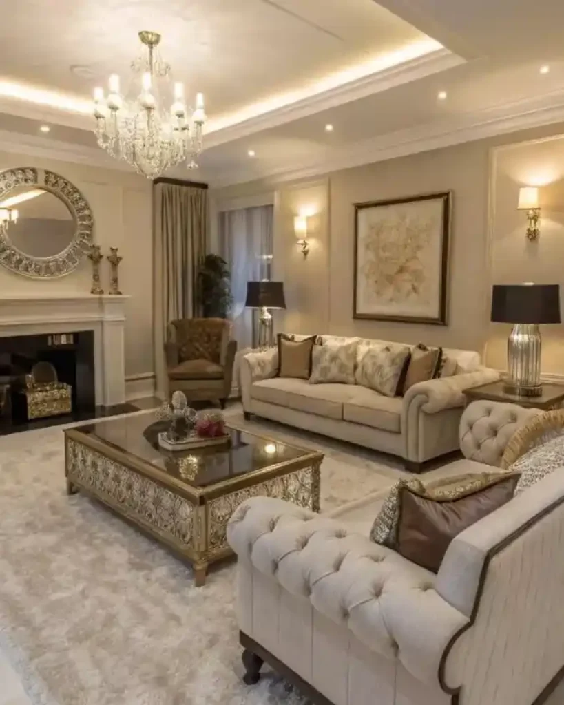 Cream and Gold Tufted Mansion Living Room – Defining Elegance with Timeless Neutrals