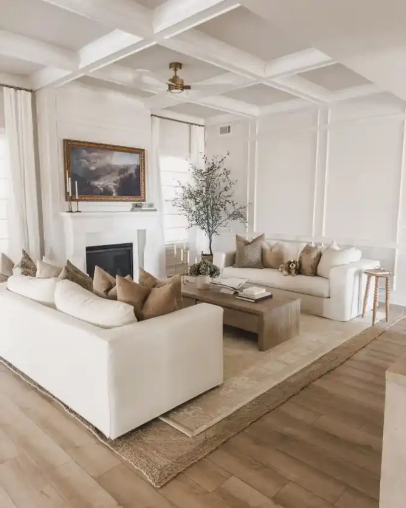 Creamy Monochrome Transitional Retreat – Mansion Living Room Elegance with a Cozy Twist