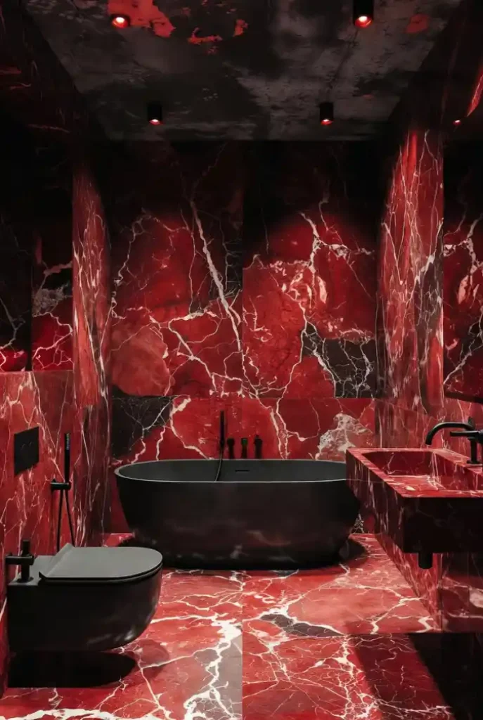 Crimson & Charcoal Noir Bathroom – A Dramatic Escape for the Bold