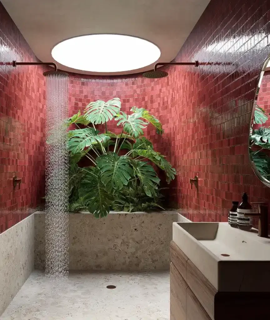Crimson Curve Sanctuary – A Spa-Like Bathroom Retreat with Vibrant Tiles