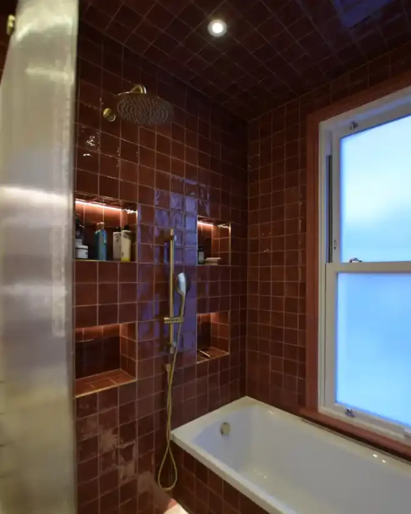 Crimson Gloss and Brass Sanctuary Bathroom – A High-Drama Red Alternative