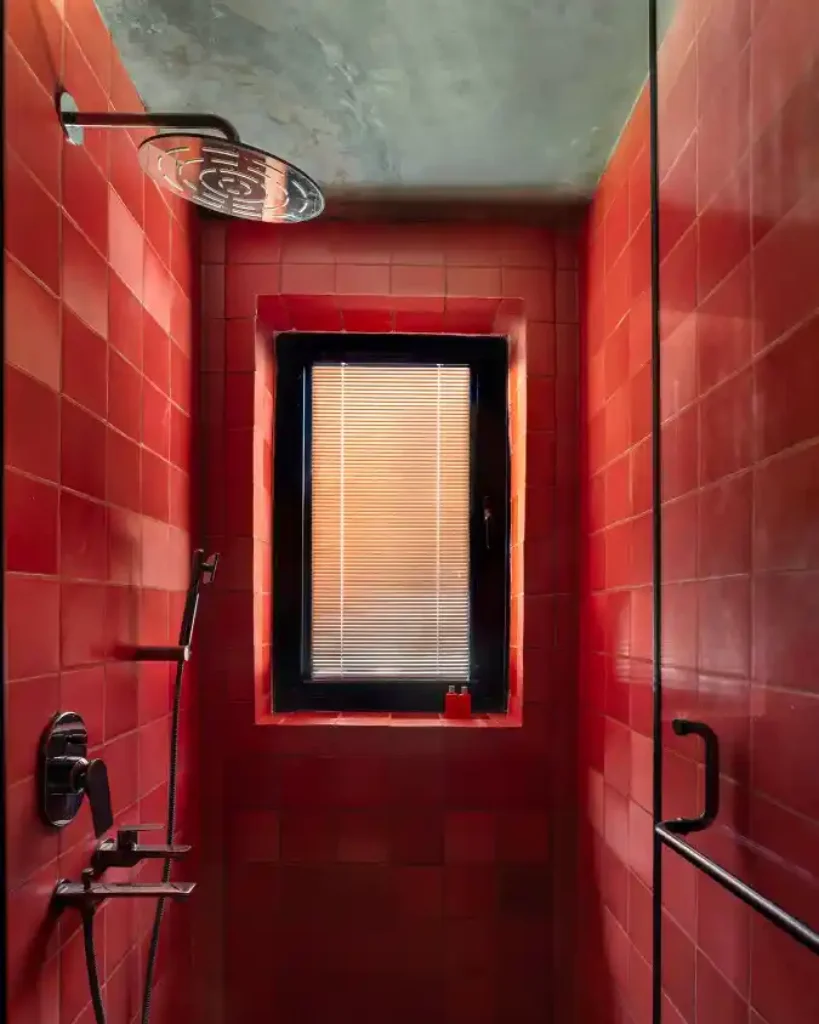 Crimson Grid & Concrete Shower – Modern Industrial Luxury with a Bold Pulse
