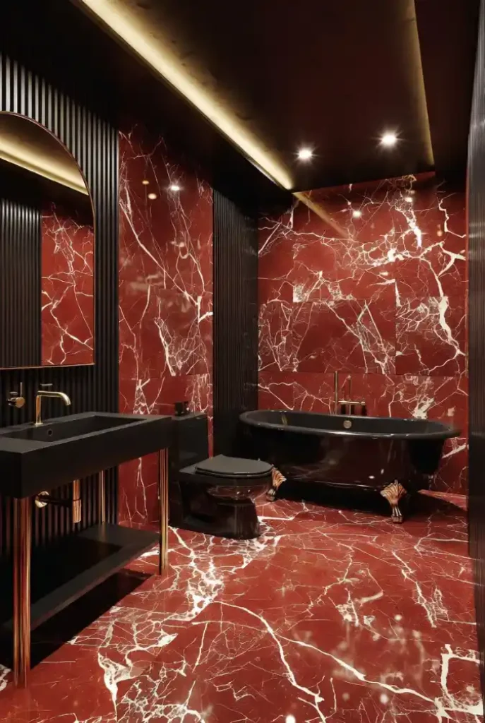 Crimson & Onyx Opulence Bathroom – A Dramatic Statement in Red Marble