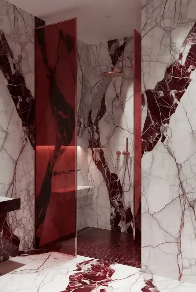 Crimson Veined Drama Shower - Wrapping Your Bathroom in Calacatta Viola Opulence