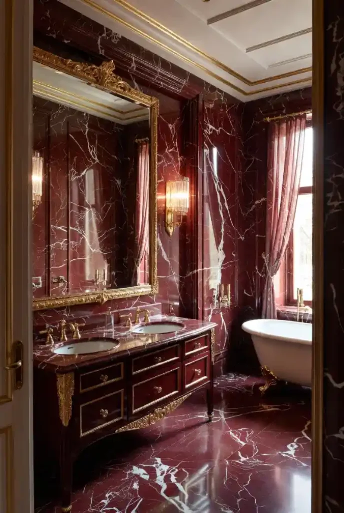 Crimson Veined Opulence - A Regal Take on Red Marble Bathroom Drama