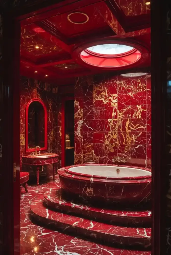 Crimson Veined Opulence Bathroom – Designing a Theatrical Escape