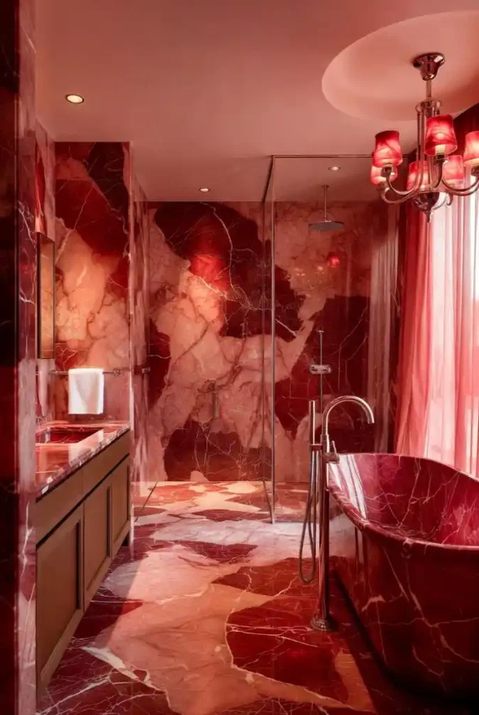 Crimson Veined Opulence Bathroom – Immerse Yourself in a Monochromatic Marble Masterpiece