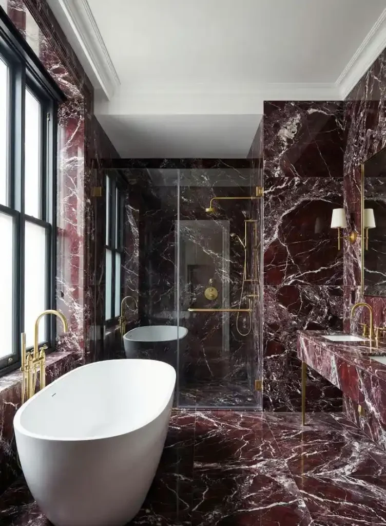 Crimson Veined Sanctuary – Red Marble Bathroom Design for Unapologetic Luxury