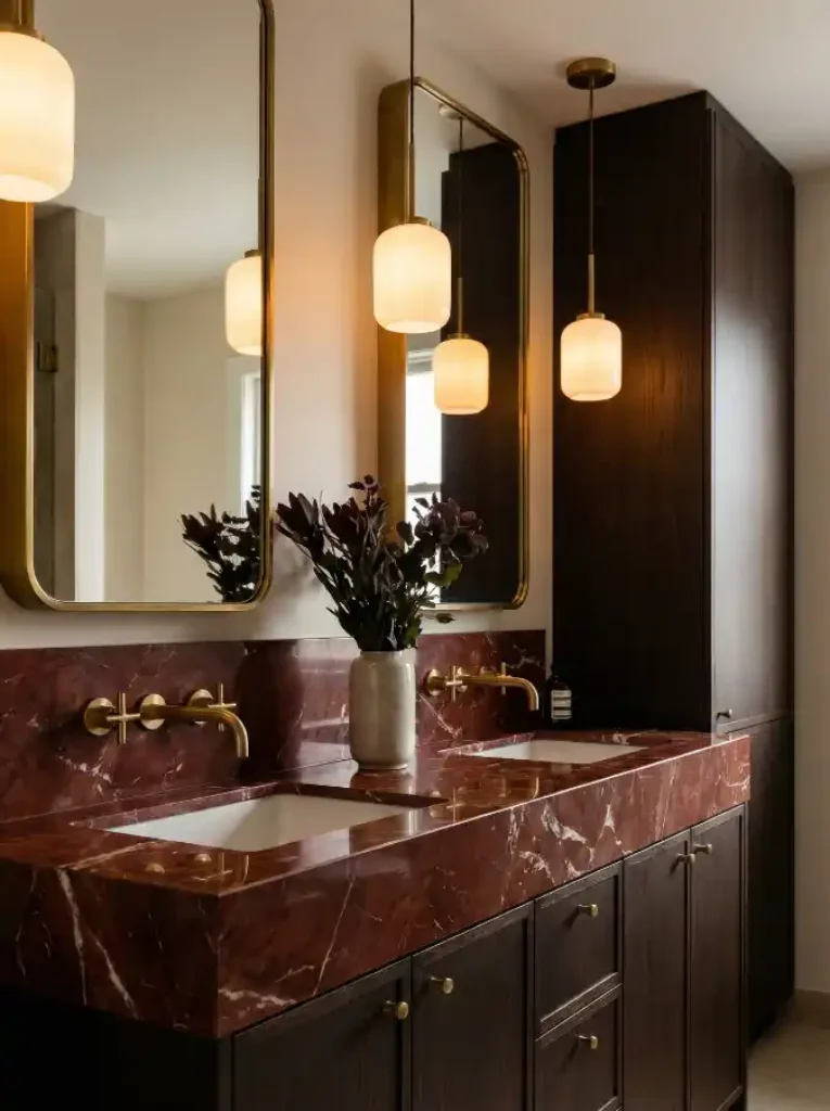 Crimson Veining & Dark Walnut Haven – Elevating the Bathroom with Dramatic Red Marble