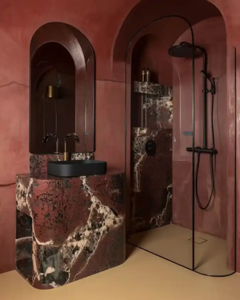 Crimson Velvet & Stone Retreat – A Masterclass in Red Marble Vanity Design