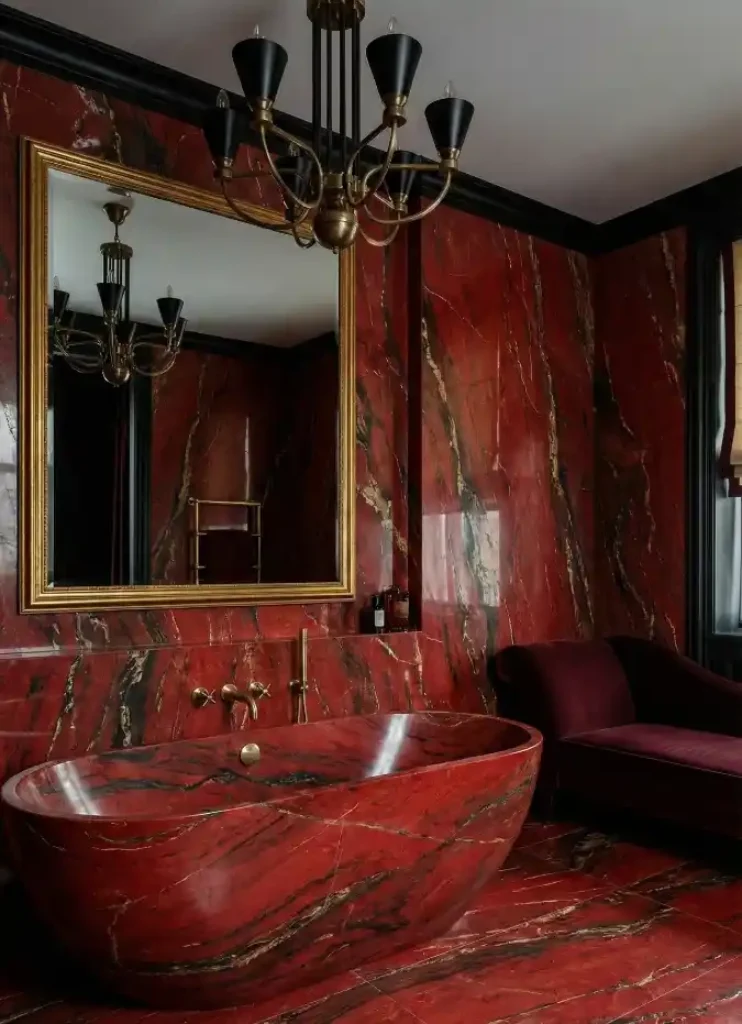 Crimson Velvet & Veined Gold Sanctuary – A Dramatic Master Bathroom Retreat