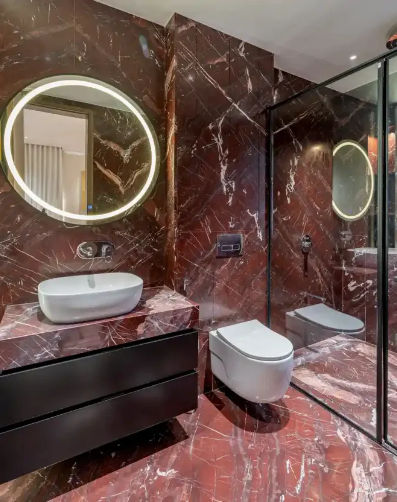 Deep Burgundy & Rosso Modern Bath – A Dramatic Red Marble Statement