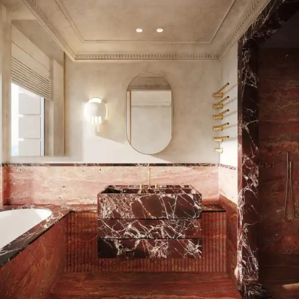 Deep Burgundy and Brass Sanctuary – A Red Marble Vanity Idea That Defines Opulence