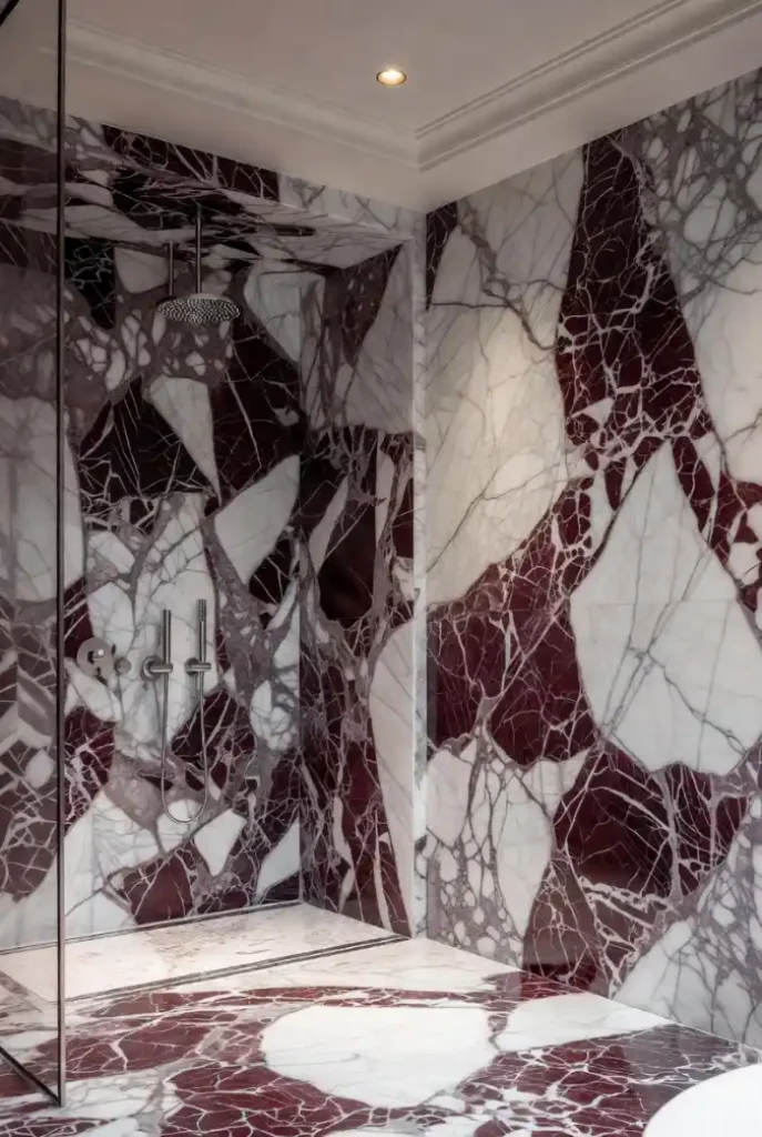 Dramatic Calacatta Viola Wet Room – Red Marble Opulence That Commands Attention