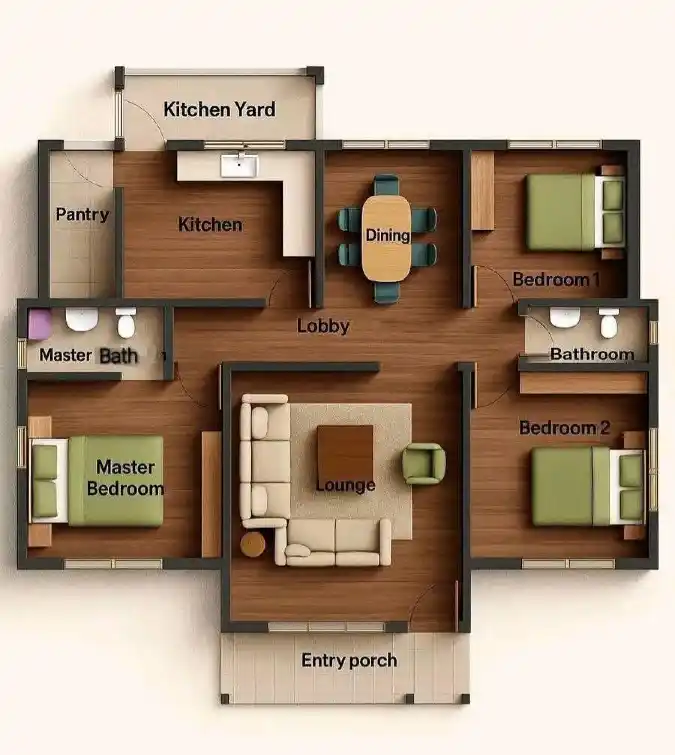 Earthy Walnut & Sage 3-Bedroom Plan – Zoning Mastery for a Picture-Perfect Layout