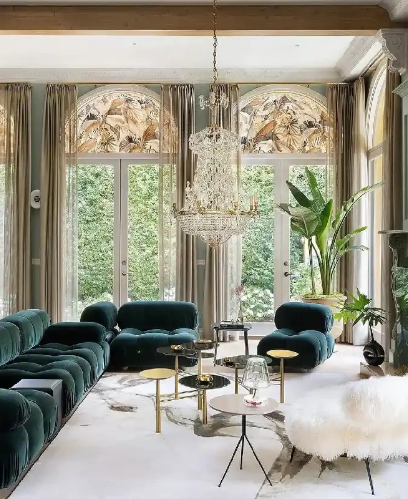 Emerald Velvet and Crystal Grandeur Living Room – Defining Elegance Through Contrast
