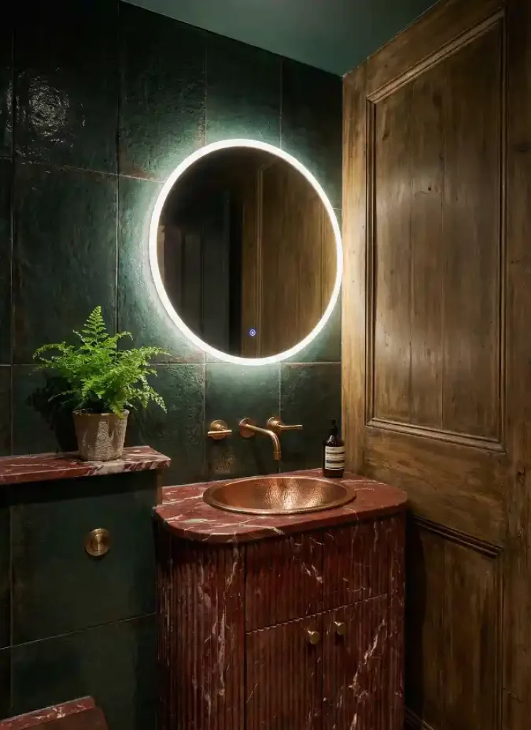 Fluted Crimson and Emerald Sanctuary – Bathroom Vanity Idea With Moody Organic Textures