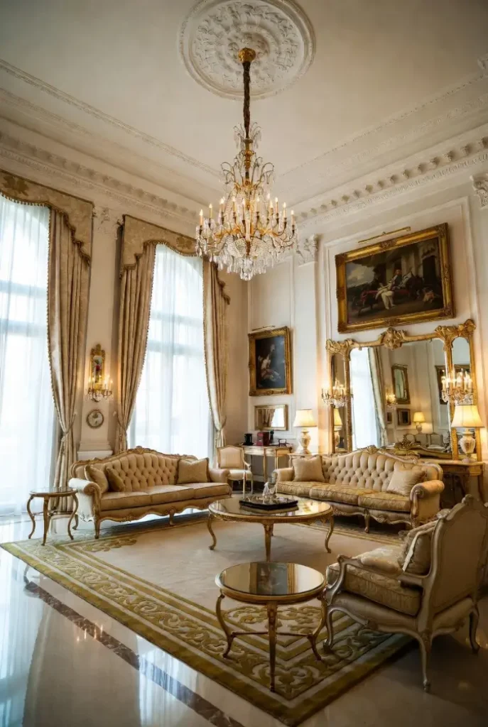 Gilded French Salon Living Room – Defining Elegance with Crystal and Cream