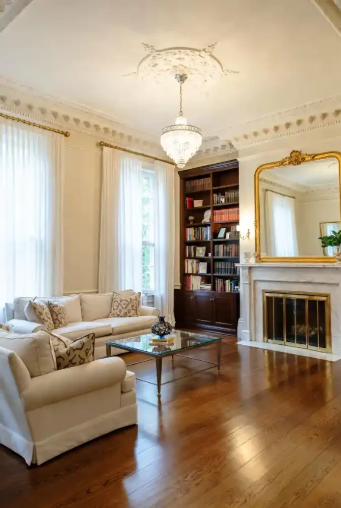 Gilded Reflection and Marble Hearth Living Room – Defining Elegance with Classic Symmetry