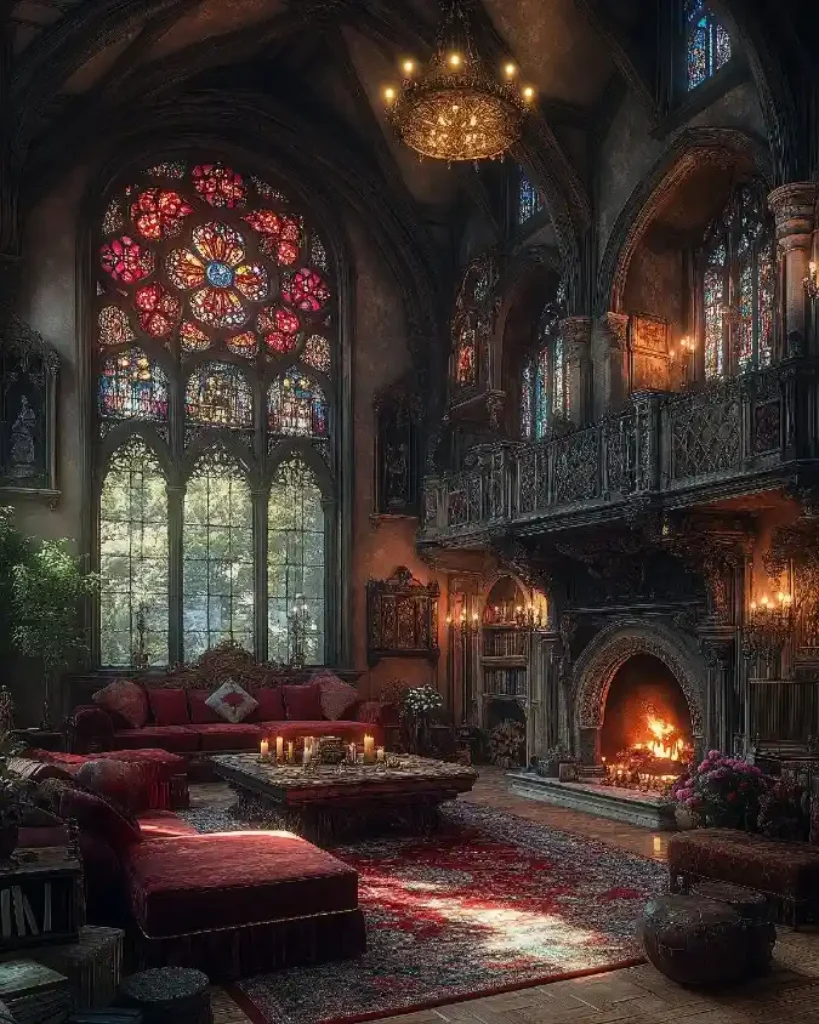 Gothic Crimson & Stained Glass Great Room – Elevating the Medieval Cottage Aesthetic