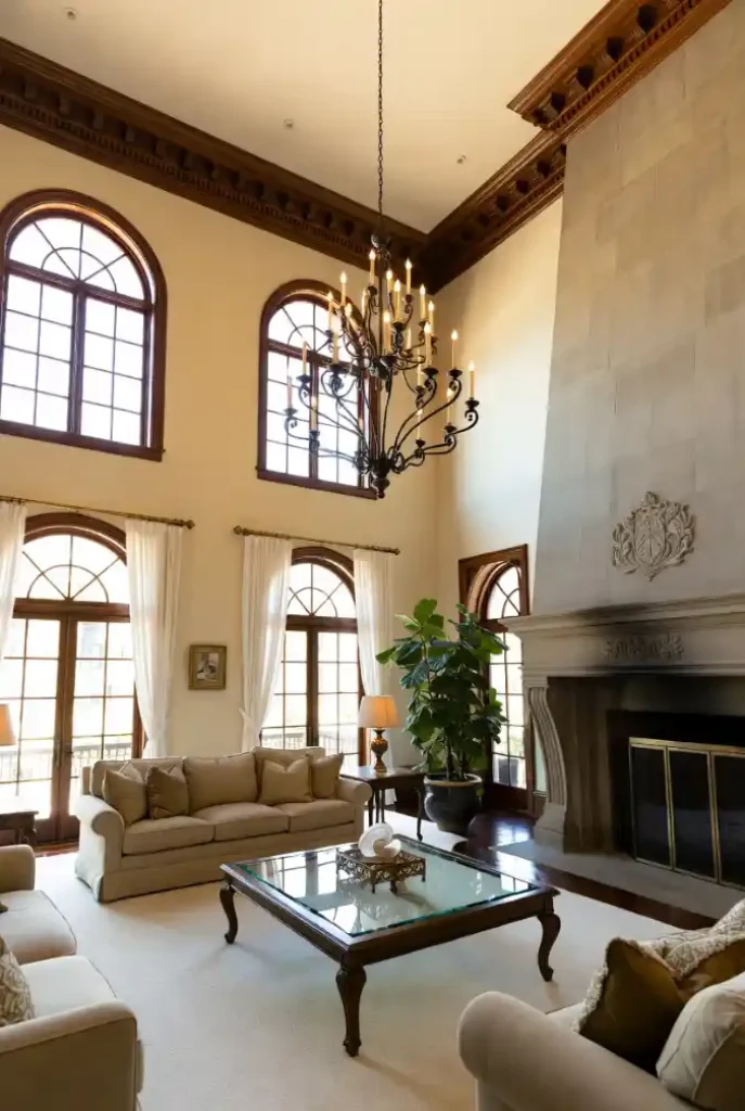 Grand Stone Hearth and Mahogany Living Room – Mansion Elegance on a Monumental Scale